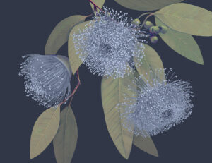 Carta da parati floreale massimalista delicato e scuro con foglie delicate su sfondo blu